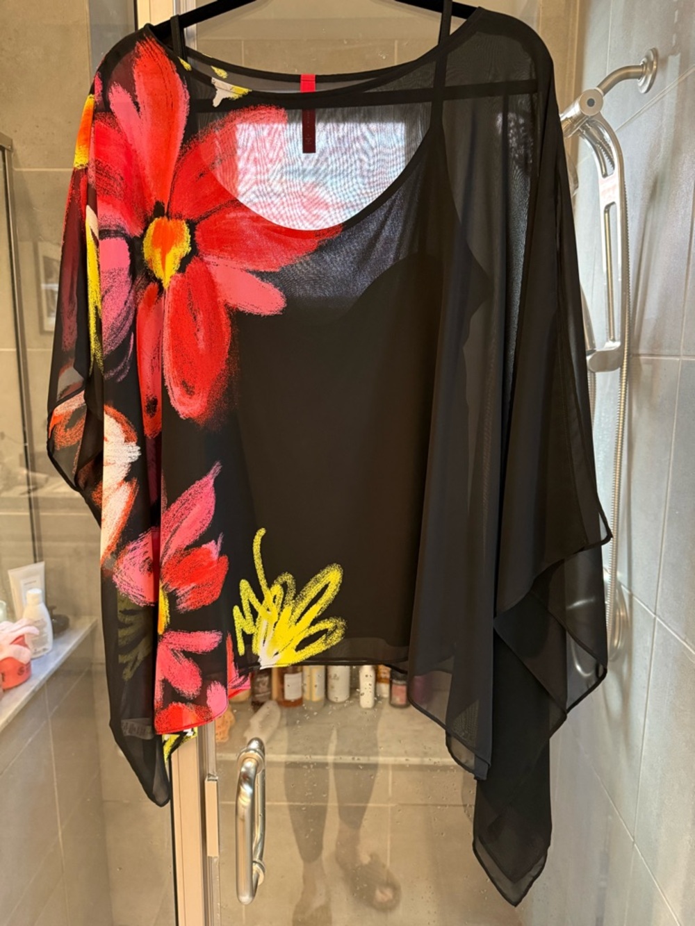 Women’s Black Sheer Tunic with Red Floral Print
